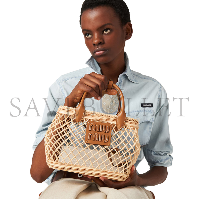 MIU MIU WOVEN FABRIC HANDBAG WITH LEATHER TRIM 5BA286 (23.5*18*9cm)